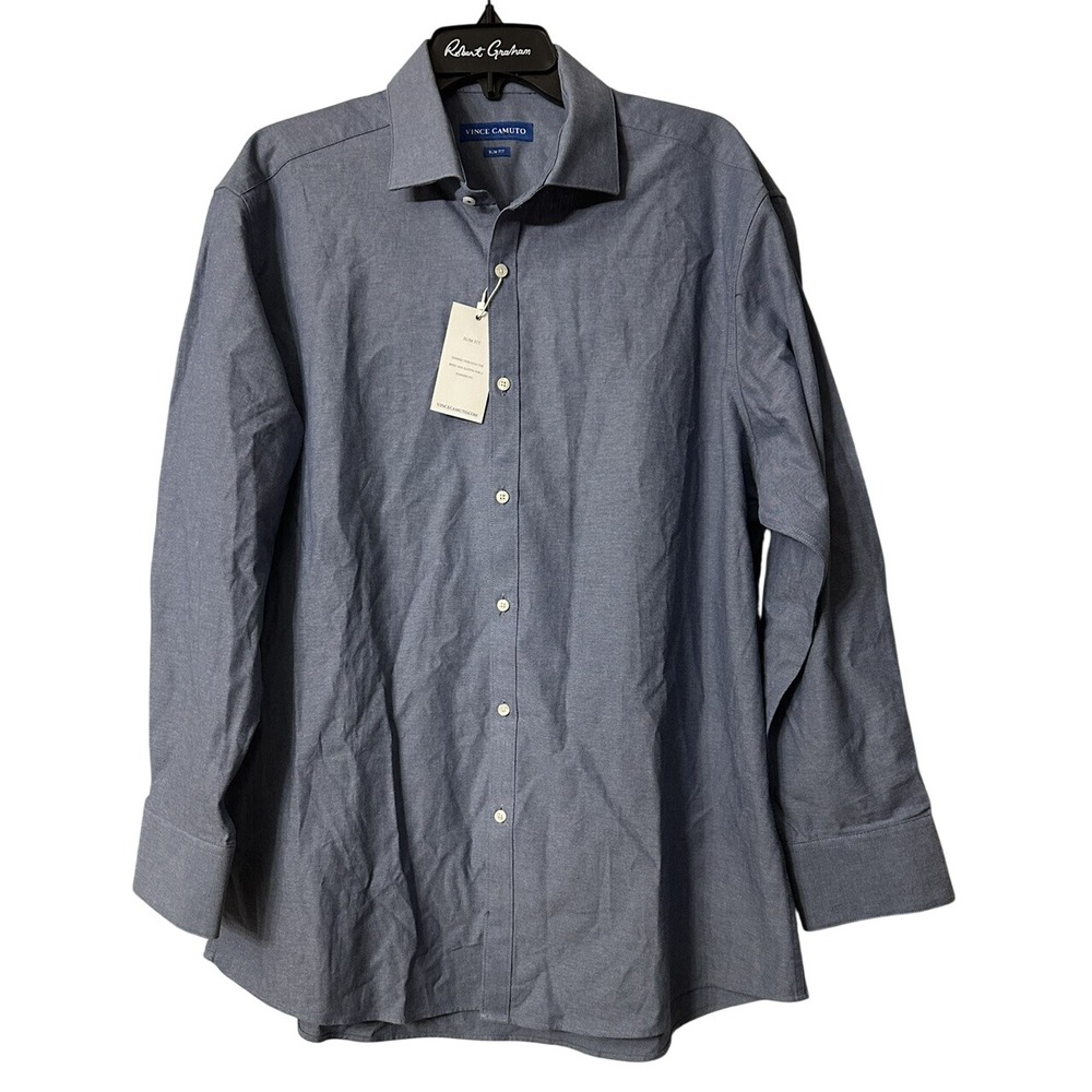 NWT Vince Camuto Mens Long Sleeve Blue Button Slim Fit Dress Shirt Size 17.5/32